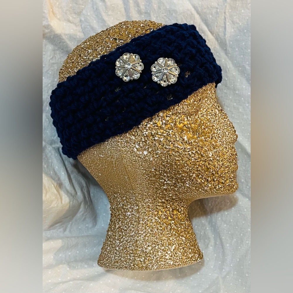 Navy blue headband ear warmer with decorative faux crystal buttons